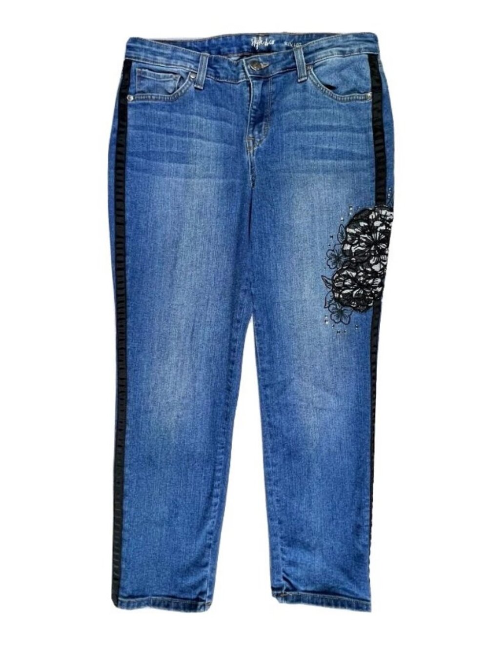 Style  Co Ultra Skinny Jeans Womens 14 Blue Lace Floral Side Stripe Stretch Deni - Picture 12 of 13